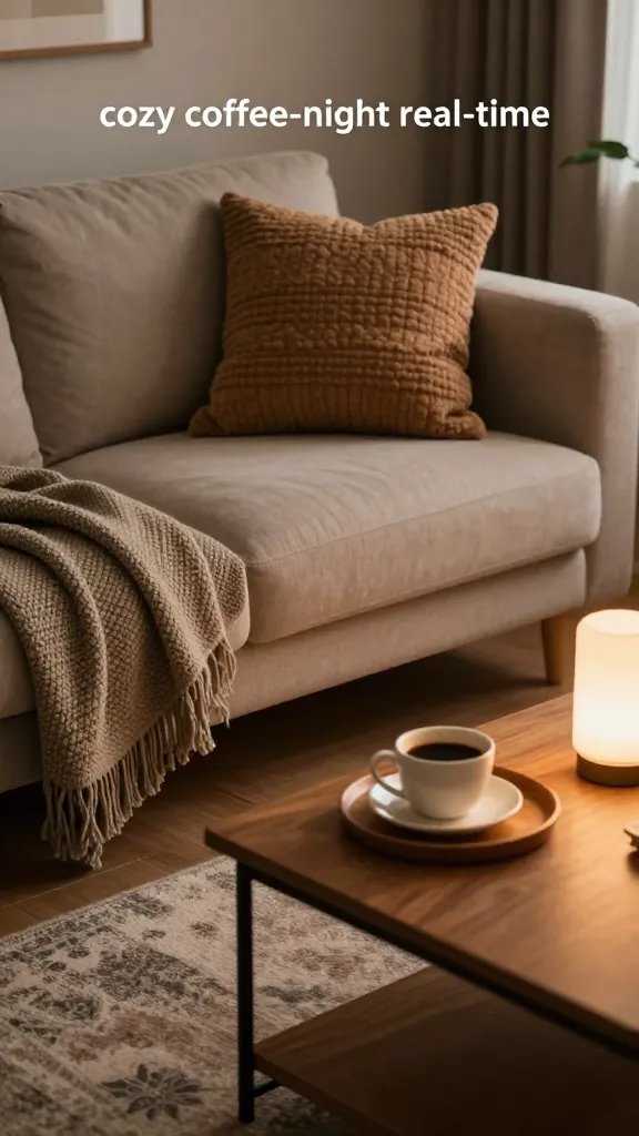 A “cozy coffee-night real-time” living room scene: capture a lived-in evening setup that reflects a designer’s zero-dollar refresh: a couch with layered textiles (a knit throw and a textured pillow), a warm cup of coffee on a wooden tray, a softly glowing lamp, and a rug with subtle pattern. The color story uses warm neutrals with a touch of warm brown and sage. The frame should feel intimate and polished, with gentle shadows creating depth. A back-turned, casually placed woman sits off to the side, her presence felt but not the centerpiece.
