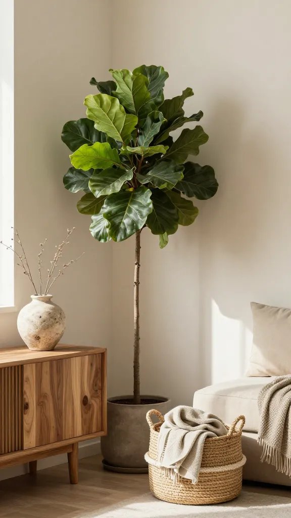 A “natural elements” living space vignette: a corner that uses greenery, wood, and stone textures to refresh a space without buying anything. Feature a tall leafy houseplant, a wooden sideboard, a stone or ceramic vase with dried stems, and a woven basket storing blankets. The walls are a soft ivory, and the seating is in neutral tones with a textured throw. Light from a nearby window casts gentle shadows, giving depth. A 30-year-old woman is present in the scene as a secondary element, hands arranging a plant, not the main focus.