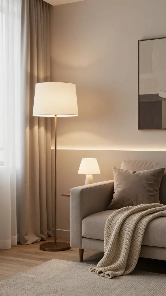 A lighting-forward composition that demonstrates “refined lighting,” with layered sources: a tall floor lamp, a soft table lamp, and a string of subtle ambient LEDs along a sofa backboard. The room uses natural light from a window with light sheer curtains to create a soft glow. Textiles include a textured rug, a knit throw, and a velvety cushion in taupe. Neutral walls with a single contrasting piece of art provide quiet visual interest. A softly cropped figure sits on the edge of the scene, not drawing focus.