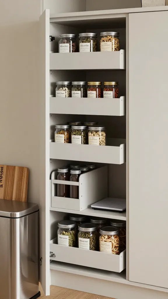 Functional design with aesthetic calm: a side shot of a tall, well-organized pull-out pantry with built-in dividers, pictured at eye level to emphasize ease of access. The door is opened just enough to reveal neatly labeled canisters, a spice cubby, and a small scale. The lighting is soft and diffused, highlighting the texture of labels and jars. Include a tactile detail like a wood cutting board leaned against the cabinet and a stainless steel trash pull-out with a discreet finish. A person is present but not the focus, their hands adjusting a jar.