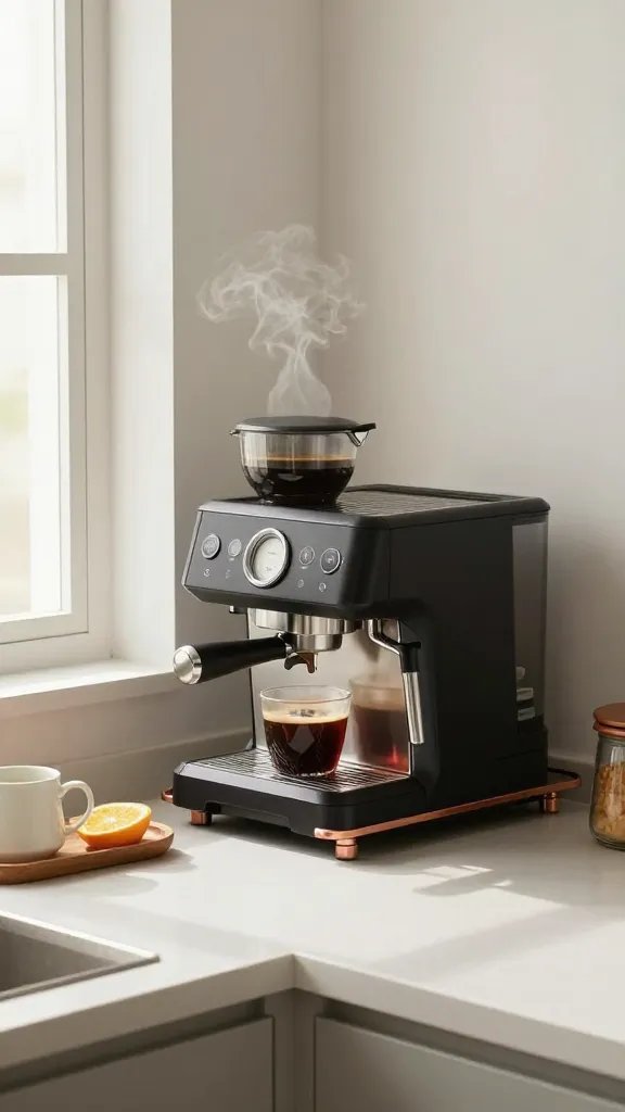 A morning coffee nook integrated with the kitchen: a compact espresso setup on a lower shelf, a thermal carafe mid-pour, and a small tray with mugs and a citrus slice garnish. Steam rises softly, catching the morning light from a nearby window. The scene uses a muted palette of warm whites, charcoal, and copper accents. The countertop around the coffee area is deliberately uncluttered, reinforcing practicality and ease of use. A partial silhouette of a person sits at the edge of the frame, hands visible as they adjust the mug.