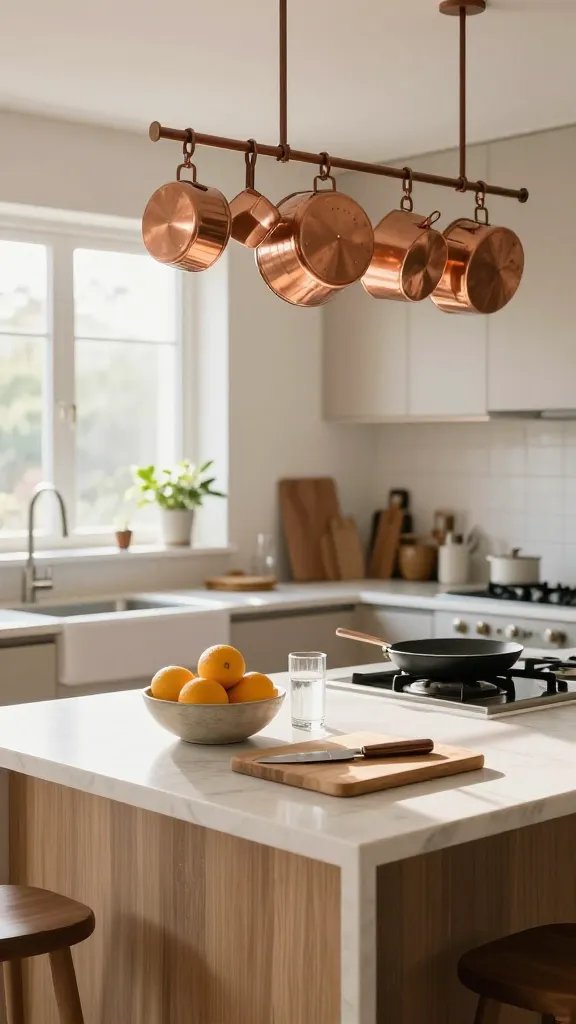 Daylight kitchen harmony: a wide, sun-drenched shot of a kitchen island bathed in natural light, with a sculptural copper pot rack overhead, a few plants on the windowsill, and a clean, uncluttered counter holding a single bowl of citrus and a glass of water. The focus is on flow and zones: prep (board and knife), cooking (pan on the stove), and clean-up (dish towel and sink area) arranged to guide the eye. Palette centers warm neutrals, copper, and soft wood tones. A background figure of a smiling 30-year-old woman is present, but the composition ensures the space and order are the stars.