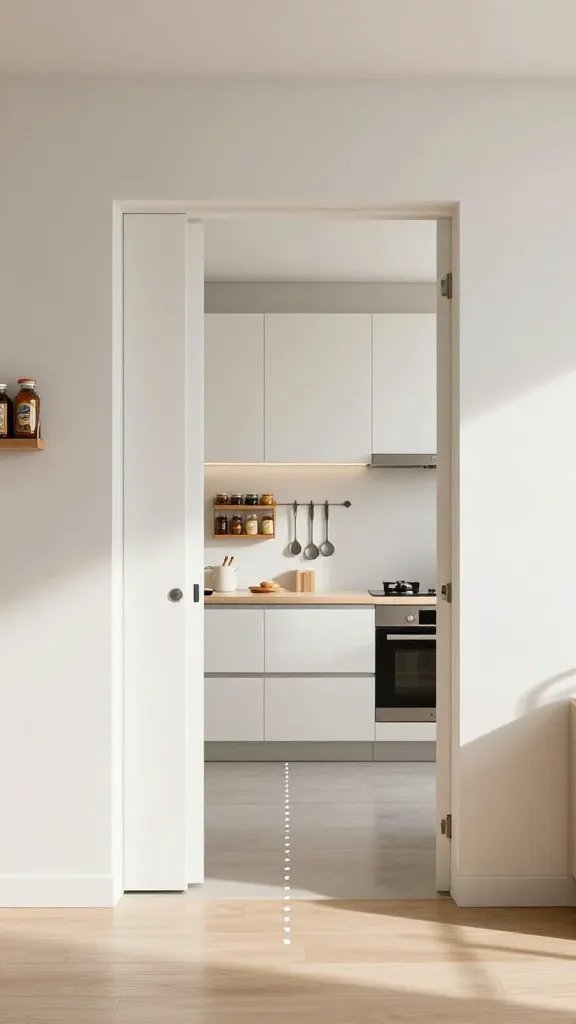 Door swing chaos minimized: a kitchen door opening to reveal a seamless circulation path from entry to cooking zones, with doors that swing in a single, unobtrusive arc. The floor is free of clutter, showcasing a clear traffic flow line from entry to island. Include a wall-mounted spice rack with evenly spaced jars and a magnet strip with steel utensils. The lighting is bright but natural, casting gentle shadows that convey space. A blurred, cheerful 30-year-old woman stands near the doorway, her presence felt but not dominant.