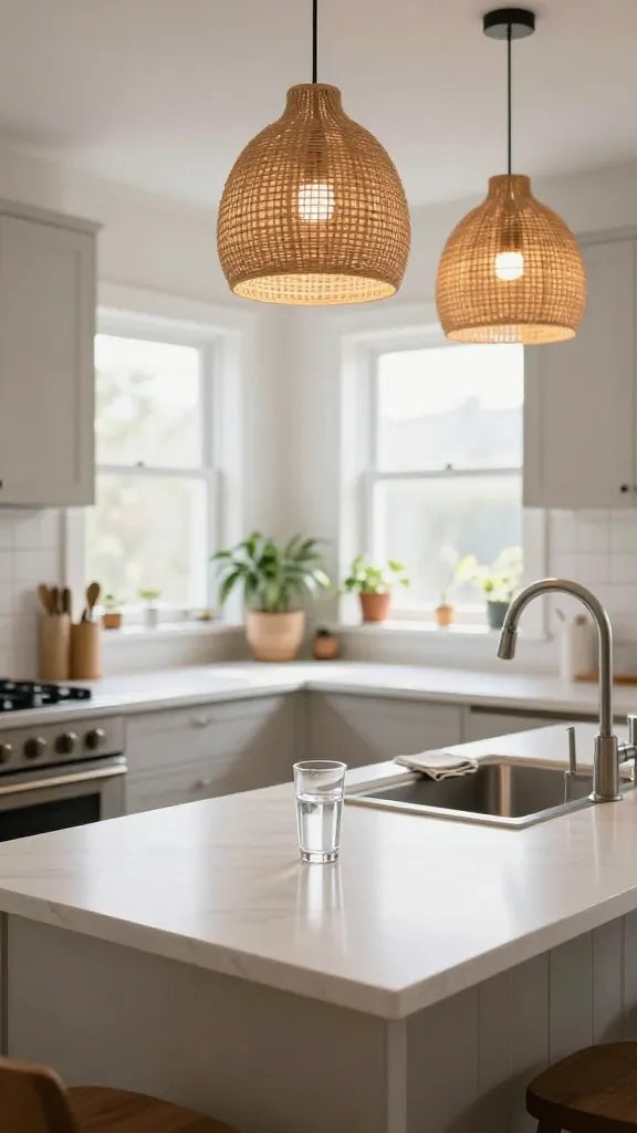Sizzle and scent moment: a close-up on a sizzling skillet with garlic and citrus aromatics visible in the air, tiny wisps of steam curling up toward copper pendant lights. The stovetop is sleek, with a few well-placed olive oil drops and a wooden spoon resting on a heatproof mat. The background features a clean backsplash with subtle, modern tile and a neatly organized utensil rail. The overall vibe is warm and lived-in, emphasizing functional beauty. A non-dominant figure stands off to the side, partially cropped, conveying human presence without stealing focus.