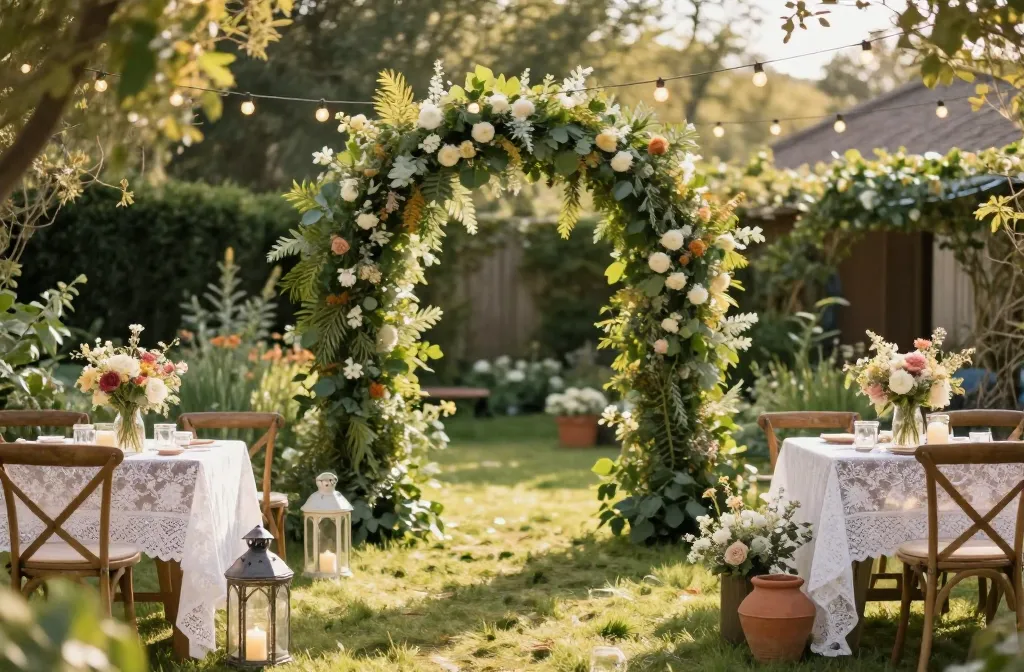 15 Backyard Cottagecore Wedding Ideas That Feel Like a Fairytale Garden Including Floral Arch, Wooden Ceremony Chairs, Lace Tablecloths, Wildflower Bouquets, Vintage Lanterns, Rose Trellis, Birdcage Centerpieces, Mason Jar Candles, Wicker Picnic Baskets, Ceramic Vases, Herb Favors, Terracotta Pots, String Lights, Linen Napkins, Enamel Pitchers.