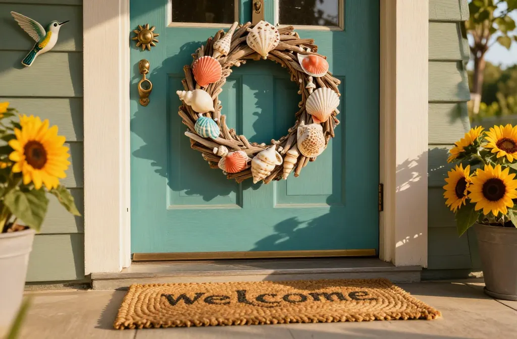 15 Front Door Decor Ideas for Summer That Brighten Any Porch Starting with Hand-Painted Seashell Wreath with Driftwood Accents, Braided Jute Welcome Mat with Woven Sunflower Pattern, Copper-Plated Door Knocker Shaped Like a Sunflower, Ceramic Address Plaque with Hand-Painted Hummingbirds, Solar-Powered Doorbell with Adjustable Brightness Settings, Galvanized Metal Planter with Trailing Succulents and String Lights, Reclaimed Wood Sign with Hand-Painted "Summer Welcome" Message, Weather-Resistant Canvas Banner with Nautical Star Patterns, Cast Iron Door Handle with Floral Inlays, Porch Rail Planter with Drought-Tolerant Sedum and Ornamental Grass, Wind Chime Made From Recycled Glass and Metal, Decorative Mail Slot Cover with Ocean Wave Design, Hanging Basket with Heat-Tolerant Petunias and Ivy, Brass Door Hinge Covers with Engraved Leaf Patterns, Led-Lit Step Riser with Solar-Powered Pathway Lights