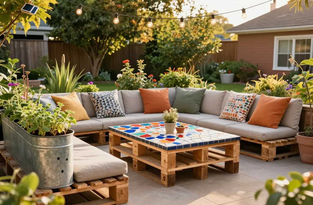 15 Backyard Oasis Ideas on a Budget to Define Cozy Zones Starting with Upcycled Wooden Pallet Seating with Weather-Resistant Cushions, Repurposed Tin Container Herb Garden with Drainage Holes, Diy Mosaic Tabletop Made From Broken Tile and Concrete, Twine-Wrapped Solar-Powered String Lights, Painted Concrete Stepping Stones with Embedded Glass Pieces, Rope Hammock Stand Made From Treated Lumber, Decorative Tabletop Fire Pit, Tiered Plant Stand From Old Ladder, Outdoor Rug Made From Recycled Plastic, Hanging Hand Painted Plastic Decorative Planter Pots, Diy Trellis From Salvaged Wood and Wire Mesh, Decorative Outdoor Curtains From Weather-Resistant Fabric Hung on a Pergola , Painted Tire Planters with Colorful Designs, Cheap Portable Outdoor Bar Cart with Wheels, Upcycled Barrel As a Side Table with Wood Top