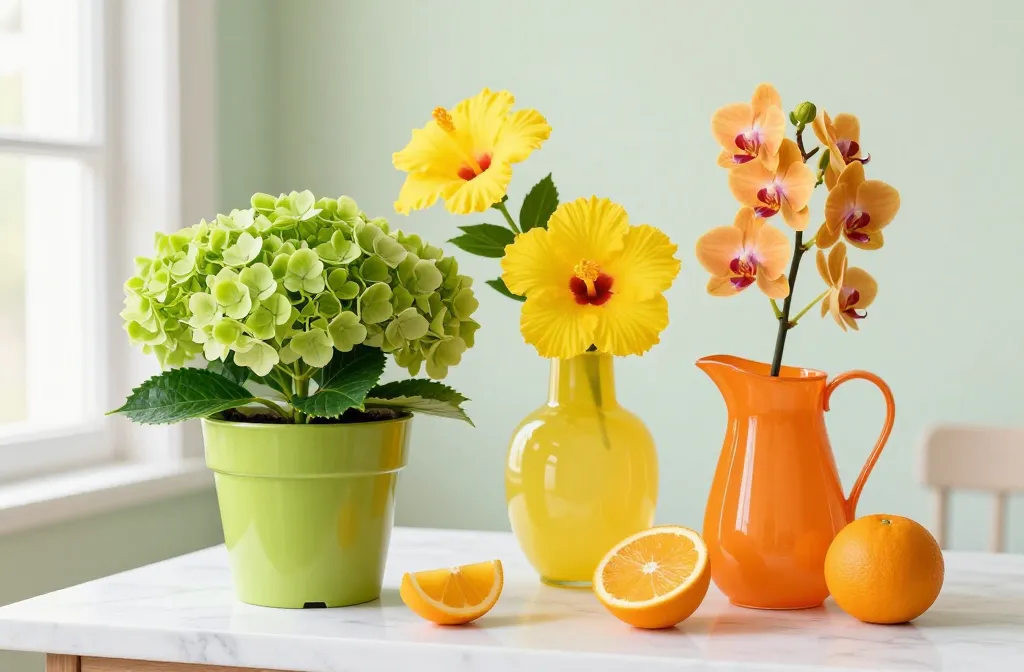 15 Tropical Summer Flower Arrangements for Cozy Indoor Spaces Using Citrus‑Bright Palettes Including Yellow Hibiscus in a Lemon‑Yellow Vase, Orange Orchids in an Orange Jug, Coral Roses in a Coral Vase, Lime‑Green Hydrangeas in a Lime Ceramic Pot, Grapefruit‑Pink Dahlias in a Pink Bowl, Citrus Slices in a Clear Vase with Blooms, Plumeria in a Citrus‑Print Bowl, Mint Stems in a Green Bottle, Papyrus in a Citrus‑Colored Jug, Ferns in a Bright Pot, Cosmos in a Citrus‑Tone Vase, Eucalyptus in a Lime Vase, Orchids in a Coral Cylinder, Hibiscus in a Yellow Pitcher, Floating Petals in a Citrus Bowl