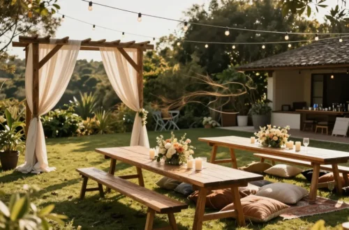 10 Budget Outdoor Wedding Decor Ideas That Look Elegant-1. Wooden Ceremony Arches with Soft Draping,2. Long Wooden Tables with Minimal Styling,3. Fairy Lights and String Lighting for Outdoor Weddings,4. Repurposing Ceremony Flowers for Reception Decor,5. Simple Outdoor Lounge Areas with Rugs and Cushions,6. Mismatched Glassware and Vintage Details, 7. Statement Wedding Signage Instead of Extra Decor,8. Candle Clusters for Instant Atmosphere,9. Using Natural Backdrops Instead of Built Decor,10. Diy Table Numbers and Personal Touches