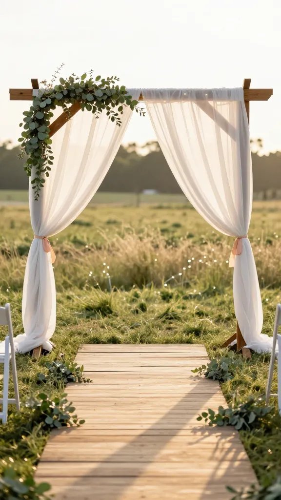 A sunlit outdoor ceremony backdrop at golden hour: a wooden arch draped with sheer ivory fabric, subtle blush ribbon, and trailing eucalyptus. Soft grasses underfoot, fairy lights woven through the arch, long wooden aisle runner with minimal greenery clusters at intervals, and a shallow depth of field that keeps the couple out of focus yet hinted through silhouettes. The palette: warm wood tones, ivory, and muted greens.