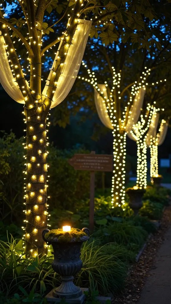 Twilight glow of fairy lights: a garden corridor lined with trees, each tree strung with warm white lights at varying heights. The foreground features a moss-covered urn with a single candle cluster and a rustic wooden signpost in the middle distance. The scene should feel magical yet understated, with a shallow depth of field and subtle wind causing gentle movement in the linen drapes.
