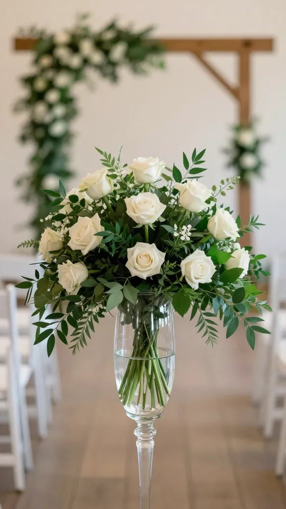 Repurposed ceremony flowers at reception: a close-up display of a glass vase arrangement made from ceremony blooms (roses, greenery) moved from the aisle to reception tables. Soft afternoon light through surrounding greenery, with delicate reflections on the glass and water, and a neutral backdrop to emphasize texture and color; include a hint of the original ceremony arch in soft focus behind.