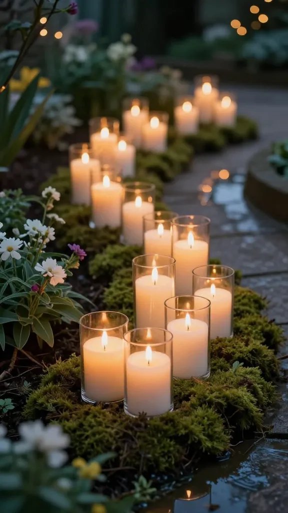 Candle clusters for atmosphere: a path lined with clusters of pillar and votive candles at varying heights in glass cylinders, nestled in a ring of moss. The setting is a garden bed with low-growing flowers, and a faint breeze creates subtle tremor in the flames. Include subtle reflections in nearby water features and a soft bokeh of distant twinkle lights.
