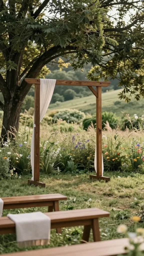Natural backdrop focus: a ceremony space using a natural backdrop of mature trees and rolling greenery instead of built decor. The shot includes a simple wooden arch with minimal fabric, and a backdrop of wildflowers and tall grasses swaying gently. Capture in late afternoon light with a slight haze to emphasize texture and organic color palette; foreground features a single bench with a light throw, partially cropped.
