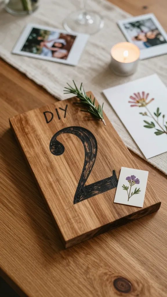 DIY table numbers and personal touches: a close, slightly overhead shot of a wooden table number sign crafted from stained wood, handwritten numeral with a quill-like ink, and a few personal touches—small framed photos, a pressed flower card, and a sprig of rosemary. The table surface shows natural grain, a linen runner, and a single small candle. Use a warm, intimate lighting setup to highlight tactile textures and handmade charm.