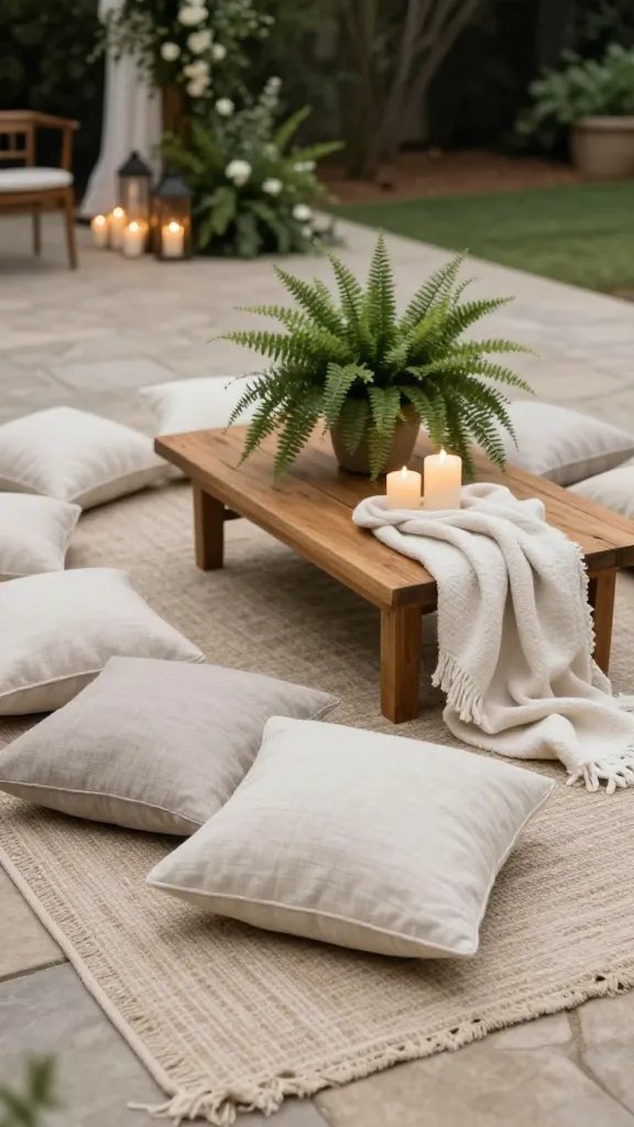 Simple outdoor lounge area: cozy rugs with neutral tones, an assortment of linen-wrapped cushions, a low wooden coffee table with a few candles, a potted fern, and a soft throw blanket casually draped. Background hints at lawn and hedges, with warm lighting from low lanterns and the suggestion of a gathering circle, captured from a slightly elevated angle to show layout.