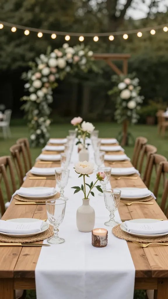 An intimate reception centerpiece scene: long wooden tables laid with simple white tablecloths, clean place settings with mismatched vintage glassware, brass flatware, and small ceramic bud vases of single-peony stems. Gentle string lights overhead and a lowly lit background of softly draped linen panels. Include a few woven placemats, rustic candles, and a hint of natural bark textures along the table edges.