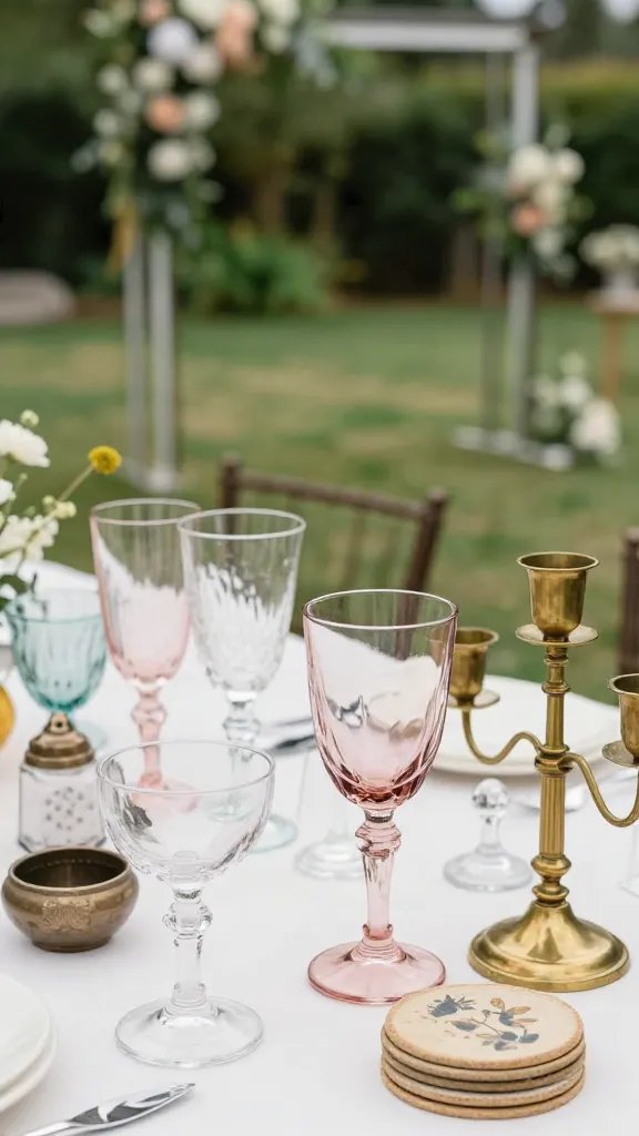 Mismatched glassware and vintage details: a close-up table scene featuring an array of glassware—from tall flute to small antique coupe—in various soft pastel glass tones. Include vintage salt cellars, brass candlestick cluster, and a small stack of weathered coasters. The background blurred to emphasize texture, with a linen napkin casually tucked and a soft, natural light side-lit from an open garden window.