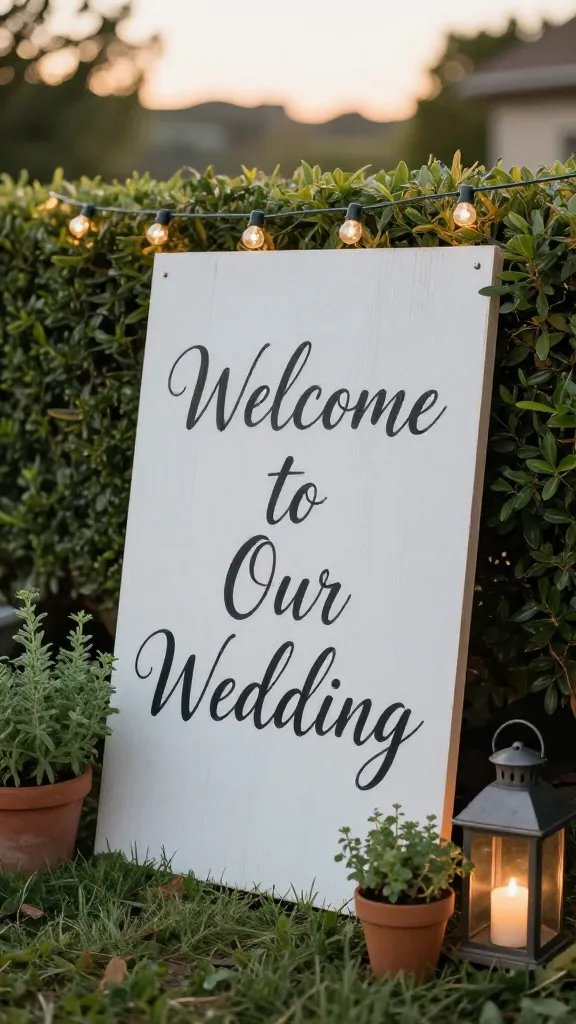 Statement wedding signage as decor: a large hand-painted wooden sign leaning against a hedge, with elegant calligraphy announcing the welcome and date. Surrounding it are small potted herbs, a string of mini bulbs along the hedge, and a simple lantern casting a warm glow. Capture at sunset with a shallow depth of field to keep the sign crisp while the garden blur remains dreamy.