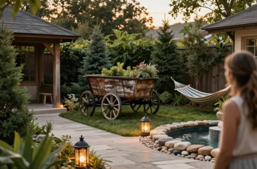 18 Cozy Backyard Corner Ideas to Create Your Retreat -Rustic Corner Garden with Wagon Wheel, Zen Pavilion Corner Retreat Garden, Lantern Lit Corner Stone Path Garden, Hummingbird Haven Corner Oasis, Japanese Maple Sanctuary Corner Garden, Nordic Hammock Corner Getaway, Secret Wisteria Corner Lounge, Shadowline Corner Water Garden, Nightfall Curve with Patio Hearth, Country Birdcage Corner Bloomscape, Breezy Curve Corner Color Pop, Formal Curbside Shrub and Bloom Edge, Evergreen Corner Fireside Family Yard, Warm Timber Framed Tiered Flower Curve, Pebble Ribbon Corner Porch Garden, Backyard Pond and Fire Corner Retreat, Tropical Ember Corner Lounge, Pebbled Cottage Corner Tea Retreat, Rustic Tool Bench Flower Pocket, Evergreen Koi Cascade Corner Refuge