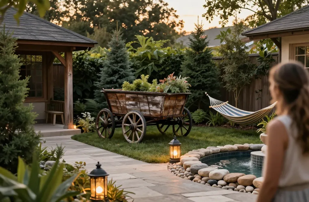 18 Cozy Backyard Corner Ideas to Create Your Retreat -Rustic Corner Garden with Wagon Wheel, Zen Pavilion Corner Retreat Garden, Lantern Lit Corner Stone Path Garden, Hummingbird Haven Corner Oasis, Japanese Maple Sanctuary Corner Garden, Nordic Hammock Corner Getaway, Secret Wisteria Corner Lounge, Shadowline Corner Water Garden, Nightfall Curve with Patio Hearth, Country Birdcage Corner Bloomscape, Breezy Curve Corner Color Pop, Formal Curbside Shrub and Bloom Edge, Evergreen Corner Fireside Family Yard, Warm Timber Framed Tiered Flower Curve, Pebble Ribbon Corner Porch Garden, Backyard Pond and Fire Corner Retreat, Tropical Ember Corner Lounge, Pebbled Cottage Corner Tea Retreat, Rustic Tool Bench Flower Pocket, Evergreen Koi Cascade Corner Refuge