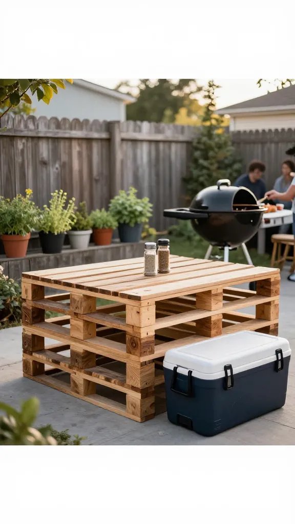 A sunlit early-morning backyard scene featuring a DIY pallet island between a charcoal grill and a freestanding cooler. Include a row of potted herbs along a weathered fence, a cedar aroma hinted by visible grain on the pallets, and a soft chorus of friends in the background. The palette blends warm cedar browns, muted greens, and charcoal gray. Shot in wide, shallow-depth-of-field with a clean, professional kitchen-like composition; no people centered in the frame, just hands tending a grill or adjusting a seasoning jar in the foreground.