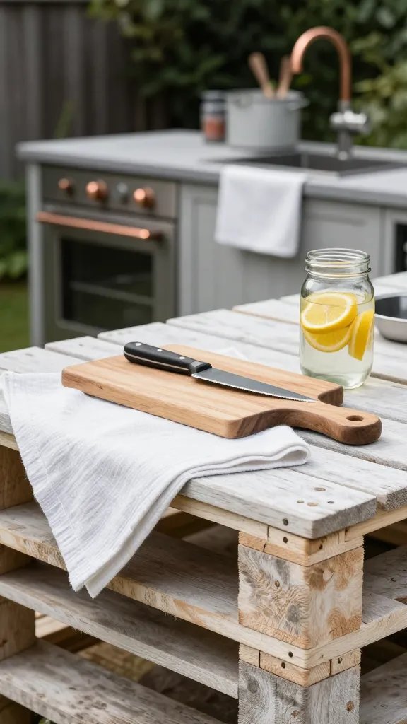 Action shot of a person assembling a module in the background while the foreground highlights a completed pallet island with a cutting board, knife, and a mason jar of citrus water. Use a high-contrast, airy outdoor kitchen aesthetic: white linen napkins, copper accents, and a faint breeze moving herb leaves. Person should appear partially cropped or blurred, not the focal point, with a 3:1 ratio favoring the island and materials.