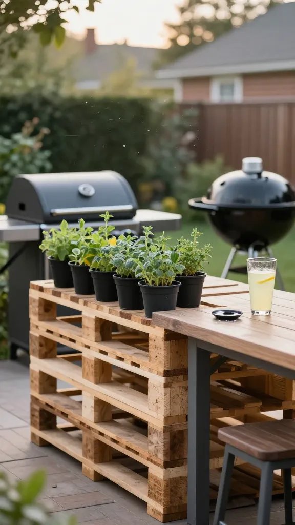 Ambient morning shot of a quiet yard where the pallet outdoor kitchen is integrated with a row of herb pots and a charcoal grill ready for use. Include a glass of lemonade on the island, a small plant saucer catching a drop of dew, and a breeze causing a few herb leaves to quiver. The focus is on the serene, affordable, and durable design, with the camera capturing a balanced composition that highlights the scene’s warmth and modularity; any person in the frame appears off-center or only as a blurred silhouette, not the subject.