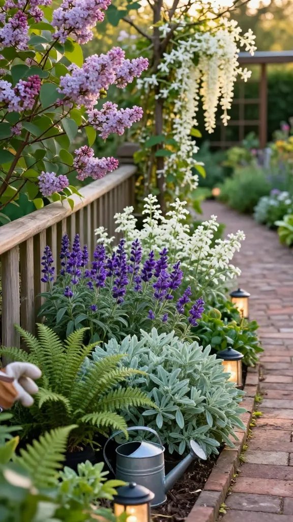 Close-up portrait of a cottage garden border at golden hour: border edge featuring layers of sage green boxwood, purple salvias, and airy white nepeta, with a reeded fence panel behind and lilac blossoms spilling over a rustic wooden rail. A narrow brick path curves into the frame, bordered by softly glowing solar lanterns. A dangling, jasmine-scented climber climbs a trellis in the background. In the foreground, a small tin watering can rests among fern fronds; a third-of-frame glimpse of a smiling gardener’s hands in light gloves adds life without stealing focus.