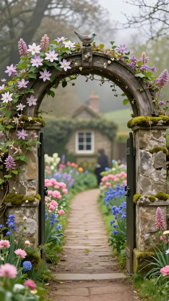 A magical archway entrance with a meadowy carpet: two stone pillars supporting a wooden arch entwined with clematis and honeysuckle, forming a tunnel that frames a distant cottage window. Moss cushions the base of the pillars; a narrow flagstone path meanders through a bed of pinks, wallflowers, and blue lovage, fading into a softly blurred background of mature trees. Include a light mist rising from the ground and a tiny ceramic bird perched on the arch. A barely visible figure passes under the arch, their silhouette cropped to emphasize the entryway as the story’s portal.