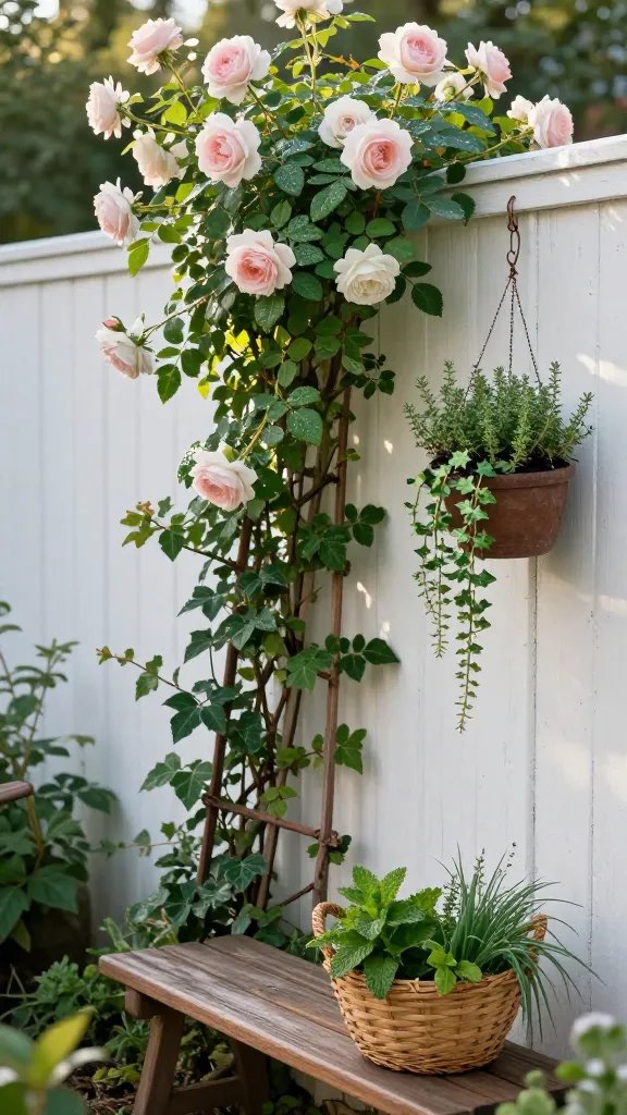 Vertical garden vignette: a tall trellis covered in cascading climbing roses and ivy beside a weathered white fence, with a pocket of shade beneath a hanging planter of trailing ivy and thyme. The shot should be from a slightly low angle to emphasize height, capturing dew on leaf edges and glints of morning sun on the trellis wires. A narrow wooden bench sits at the base, with a woven basket of herbs (mint, chives, lemon thyme) resting beside it. A hint of a person’s shoulder and sleeve appear in the corner, blurred to keep focus on the texture and structure.