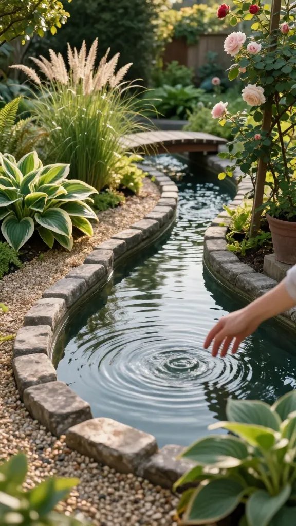 Water and light interplay at a cottage yard edge: a shallow, reflective pool or birdbath framed by a scalloped edging and a curved gravel path. Surrounding plantings include hostas with variegated leaves, ferns, and wispy grasses that catch glints of early sun. A trellis with a potted climbing rose frames the right side, while a small arched bridge crosses a narrow stream-like feature. The scene is captured from eye level to emphasize rhythm and movement; a blurred hand reaches toward a water ripple, not the person, keeping the emphasis on the landscape’s magic.