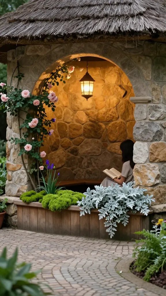Cloistered cozy nook with arched shade and textures: a compact seating alcove formed by a low stone wall, a thatched or shingled roof overhang, and a curved path of carved pavers. The plant palette includes soft green moss, silver dust-on-the-leaf, and coral bells spilling over the edge of a timber planter. A hanging lantern glows softly in the shade; a climbing rose spills over a nearby trellis, its blooms catching a warm glow. The shot includes a partially visible back-turned figure in a light dress, seated with a book, but the composition centers the nook’s texture and light.