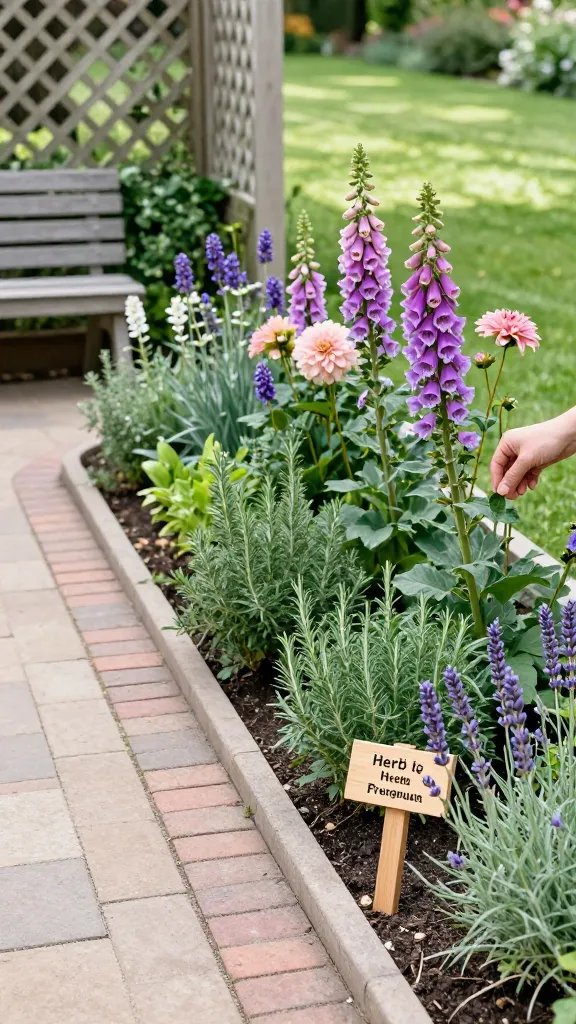 Practical elegance: herb and flowering border combined with a learning garden bench: a long, gently curved border combining culinary herbs (rosemary, thyme, oregano) with cottage flowers (foxglove, foxglove bells, dahlias in soft pinks). A narrow path made of brick slips curves beside the bed; a small wooden signboard labeled with herb names leans against a lavender plant. The background features a lattice fence with creeping thyme at its base and a sun-dappled lawn beyond. A discrete, cropped human element shows a hand picking a leaf, ensuring the garden remains the focus, not the person.