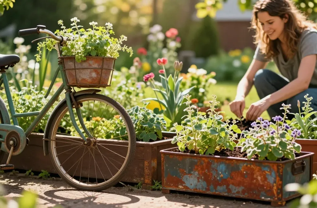 15 Genius Garden Junk Ideas Including Repurposed Bicycle Planter, Rusty Bed Frame Garden Border, Vintage Toolbox Herb Garden, Broken Chair Flower Display, Galvanized Washtub Water Feature, Repurposed Drawer Planters, Hubcap Flower Art, Antique Sink Birdbath, Typewriter Succulent Display, Ladder Plant Shelf, Chandelier Flower Hanger, Teapot and Teacup Tower, Window Frame Vertical Garden, Drawer Pull Garden Labels, Filing Cabinet Vertical Planter