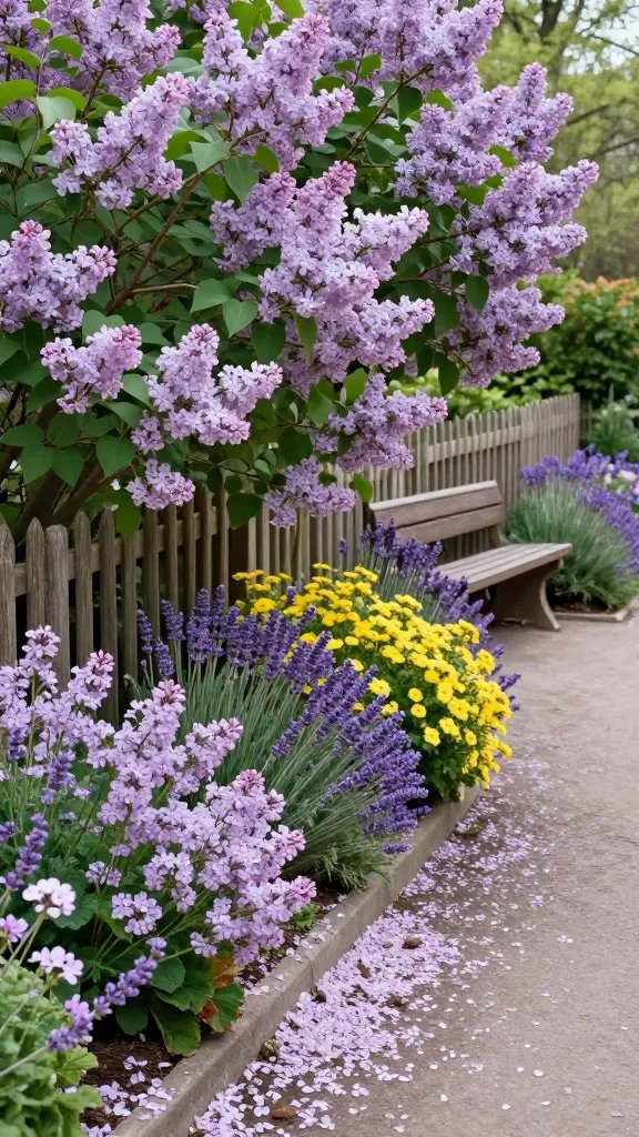 Fragrant border study for a “magic in scent” moment: a ground-level shot along a border densely planted with lilac, scented geranium, sweet alyssum, and lavender. The aroma is implied by the arrangement and color transitions from lilac to pale mauve, with soft petal confetti on the path. A low, rustic wooden fence runs behind the beds, with a curved bench nestled in a shaded nook. Include a small, partially visible foot of a person in light linen pants on the bench, cropped to keep the focus on scent-driven textures and colors.