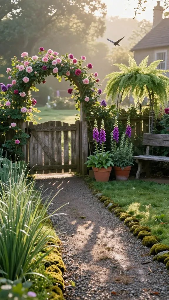 A sunlit dawn scene in a fairytale cottage yard: a winding gravel path braided with mossy edges leads to a weathered wooden gate draped in climbing roses. Dew beads on blade-like grasses catch the first light, while lilac shadows pool under a trio of terracotta pots bursting with foxglove and rosemary. A delicate arched trellis stands to the right, covered in soft maidenhair ferns, with a small wooden bench tucked beneath for pause. Include a distant bird in mid-flight across dappled sunlight, and keep a subtle, partially cropped figure in a pale linen dress seated at the edge of the path, her presence hinted rather than the focus.