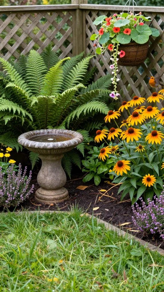 Wildlife-friendly corner with motion and light: a shaded corner where ferns unfurl beside a lattice fence, a birdbath glistening with morning droplets, and a cluster of echinacea and rudbeckia in late bloom. A narrow meadow path curves past, weaving between low-growing thyme and a hanging basket of trailing nasturtiums. The scene should be photographed at a slightly elevated angle to include a tufted robin in mid-flight above the border, with a softly blurred gardener’s silhouette in the far background, ensuring people are not the center of attention.