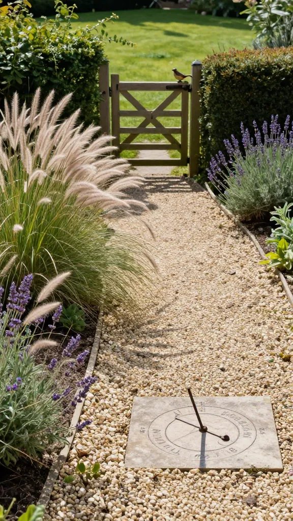 Sensory texture study in a cottage yard path: a close, wide-angle composition of a winding gravel path bordered by soft, feathered grasses, scented herbs, and a low hedge of lavender. A tiny, aged iron sundial stands at a curve, casting a gentle shadow across the stones. Add a delicate wooden gate that opens to a sunlit meadow, with a small ceramic bird perched on the gate latch. Include a partially cropped figure kneeling to inspect a clump of creeping thyme, hands visible but not the main subject.