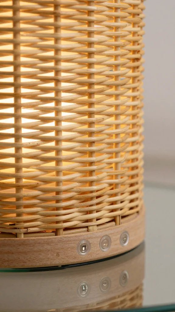Studio-style product close-up: macro shot of the rattan lamp’s weave texture, focusing on the interlaced patterns and the smooth seam where the lamp base meets the shade. A faint reflection on a glass surface and a blurred neutral background emphasize craft and quality. Show the built-in 1500mAh battery indicator and the three-button touch surface with precise highlights on the texture and glow.