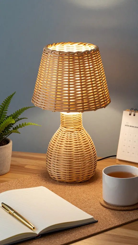 A cozy desk corner setup: an open notebook, a gold fountain pen, and a mug of tea on a cork desk pad, with the Better Homes & Gardens 9-inch rattan lamp perched at the corner. The lamp emits three brightness levels, shown by subtle light gradations on the notebook page. Include a small potted fern, a minimalist calendar, and a blue-gray wall to emphasize warmth and focus. The scene should feel intimate and modern, with soft shadows.