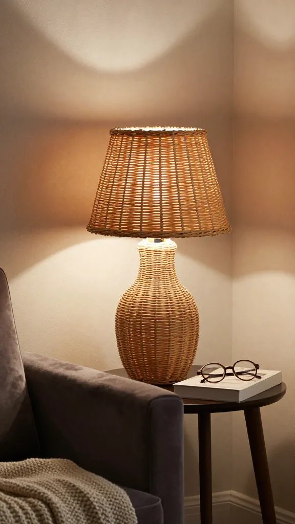 A compact living room reading nook: a velvet armchair with a knit throw, a small side table featuring the rattan lamp, a hardcover book, and a pair of round-framed glasses. The lamp’s 3-way brightness creates a gradient on the wall, revealing a softly textured wallpaper. The scene should feel curated yet lived-in, with the lamp as the quiet focal point in the corner.