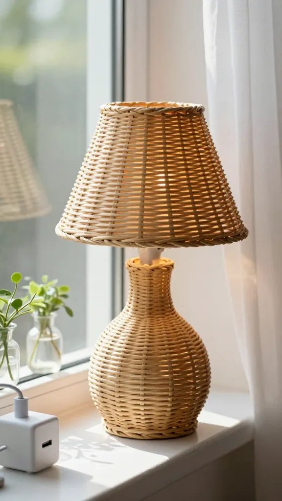 Window sill vignette: the tiny rattan lamp plugged into a USB-C-friendly charger nearby, resting among a row of small glass vases and trailing greenery. Early morning sun streams through sheer white curtains, highlighting the lamp’s weave pattern and creating a delicate halo on the windowsill. Use a shallow depth of field to keep the lamp crisp while plants blur softly in the background; palette of natural wood, ivory, and olive greens.