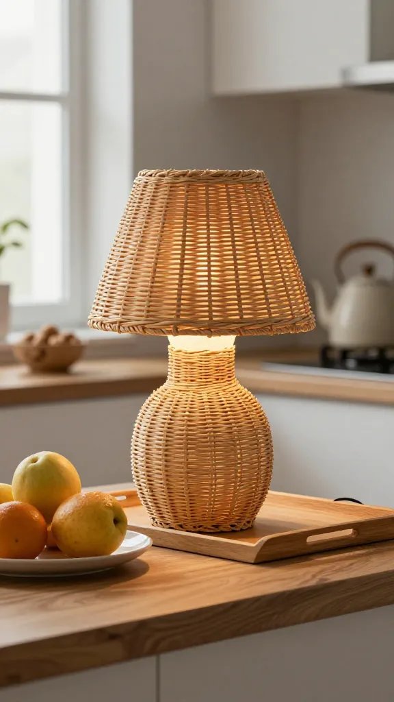 Minimalist kitchen counter scene: a wooden tray holding the rattan lamp, a plate of fruit, and a small bowl of nuts, with a window behind casting bright morning light. The lamp emits warm light that plays on the fruit’s sheen and the tray’s grain. Include a subtle USB-C charging cable tucked behind the lamp and a ceramic kettle in the background; color notes of beeswax, maple, and soft gray.