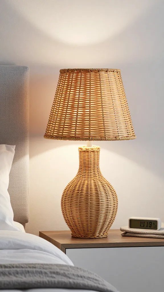 Bedside symmetry shot: two identical rattan lamps on matching nightstands beside a bed with white bedding and a light gray upholstered headboard. The left lamp is on a low brightness, the right on a higher brightness, demonstrating the 3-way brightness feature. Include a small digital clock showing time, a folded blanket, and a soft throw folded neatly to reinforce balance and calm.