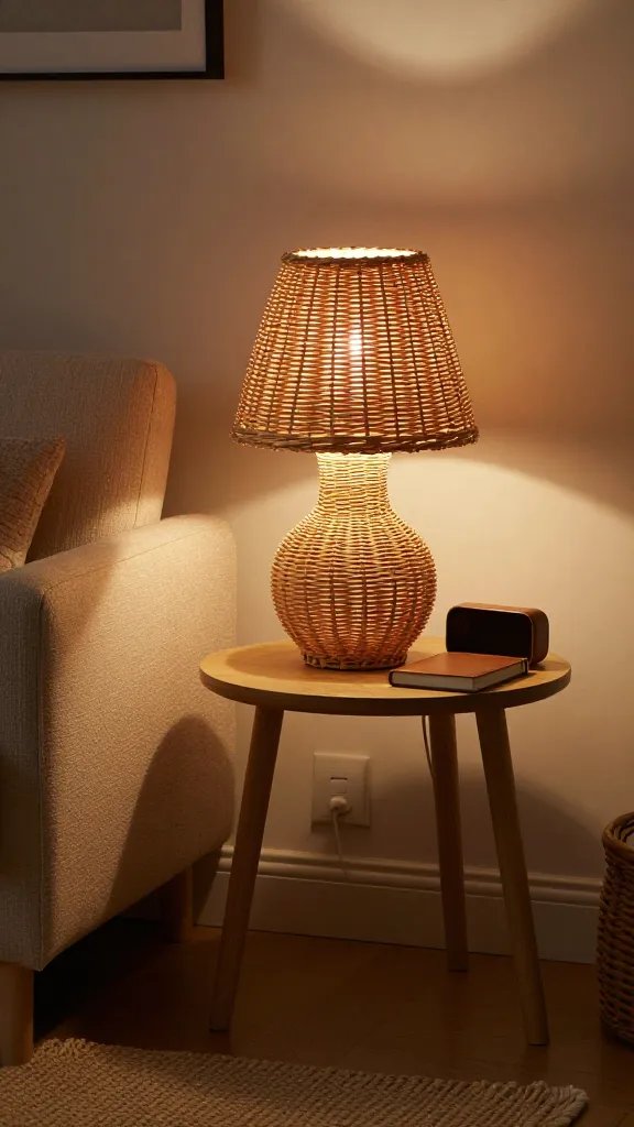 Nightstand glow in a hotel-inspired bedroom: the 9-inch rattan lamp sits between a slim leather journal and a digital clock. The dimmable touch switch is pressed for a mid-level brightness; warm light casts long, cozy shadows across a textured linen headboard and a woven rug. Include a partially visible person (back-facing, blurred) whose presence communicates a relaxing evening routine without drawing attention away from the lamp.