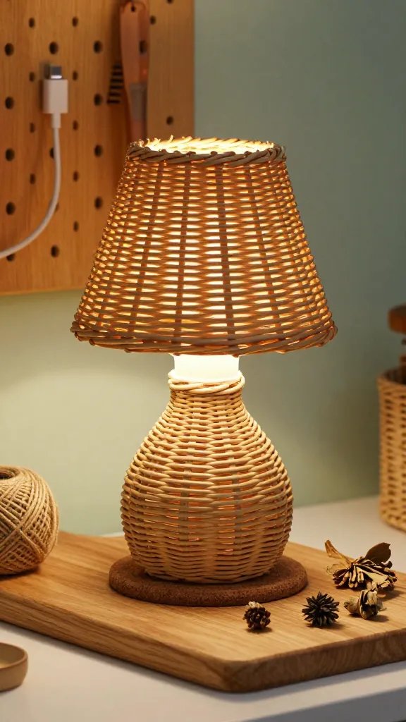 Tiny craft corner: a workspace featuring a wooden cutting board, a spool of twine, and a few dried botanicals. The rattan lamp sits on a cork coaster, casting a gentle glow that highlights the texture of the botanicals and the grain of the wood. A soft-focus background includes a pegboard with simple tools and a USB-C charging cable tucked away. Palette centers warm amber, natural wood, and muted sage.