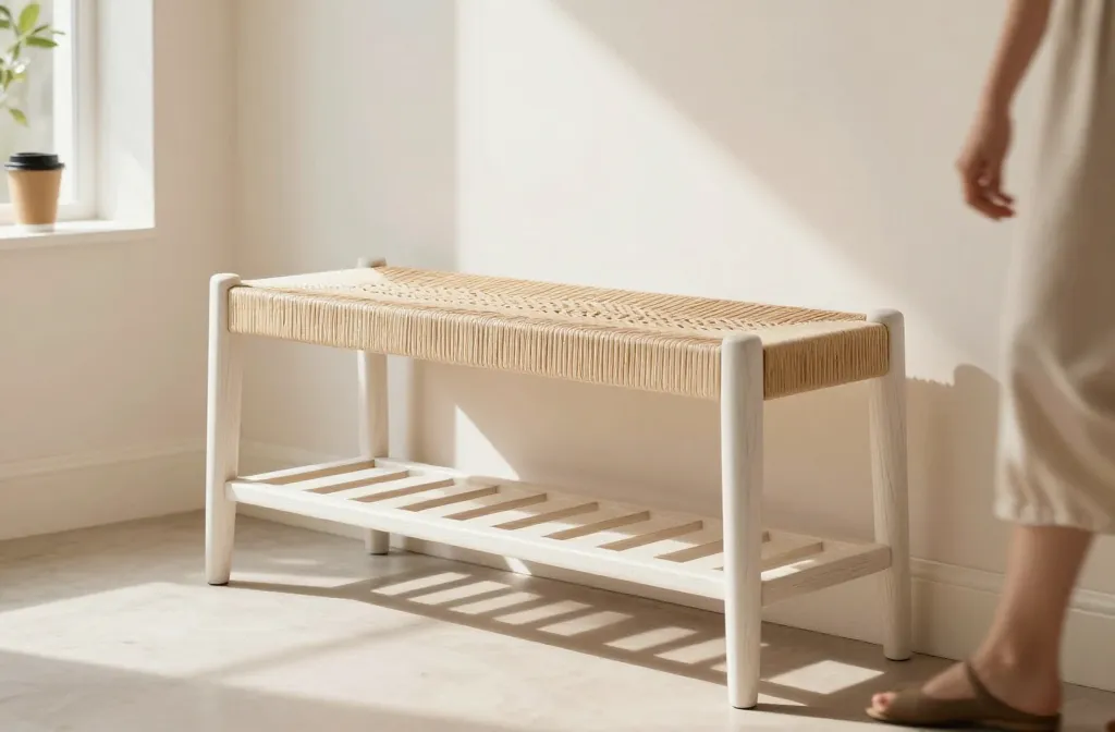 I Put a Stylish Woven‑Seat Mid‑Century Bench Made From Solid Hardwood. From Etsy in My Front Door Entryway, and It Solved Our Shoe Pile - the Bench Features a Lower Shelf with 3 Lengthwise Slats to Support Your Shoes and Keep Them Off the Ground. Beveled Legs and Sculpted Shape on the Base Provides a Beautiful Mid Century Look to the Piece.It Is a White Oak 42” Long Bench That Is 18" Tall, and 14” Wide. This Size Holds About 6 Pairs of Shoes. Also Available with Black Danish Cord . Custom Sizing Is Available.