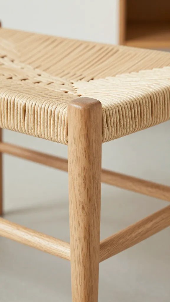 Close-up study of the bench’s woven seat texture and wood grain, captured at a shallow depth of field. Frame the three lengthwise slats of the lower shelf just visible beneath the bench, with the white oak’s natural figure showing through. Use a soft, airy background with a hint of entryway color, focusing on the craftsmanship and mid-century silhouette of the beveled legs.