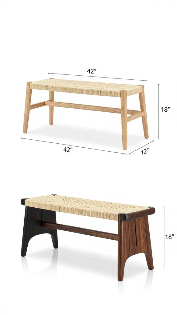 Studio-style product shot with studio lighting: isolate the bench on a seamless white background, capturing its 42" length and 18" height. Focus on the contrast between the woven seat and solid hardwood, plus the beveled legs and sculpted base. Include a small reflection under the bench to emphasize form, and show both the standard white oak version and a secondary shot with black Danish cord option.